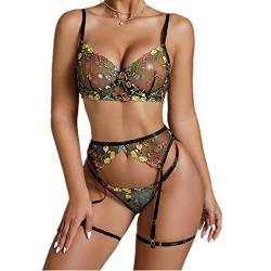 YOMORIO Damen Dessous Set Sexy, 3-Teilig Nachtwäsche Sexy Set Reizwäsche mit BH und Slip mit Spitze Halfter Unterwäsch Weich Strapse Set Große Größen Lingerie Frauen für Weihnachten, Valentinstag von YOMORIO