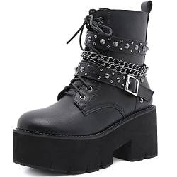 YORWOR Damen Klobige Schwarze Gothic Plateau Stiefeletten Schnüren Reißverschluss Kette Nieten Kampfstiefel 255 von YORWOR