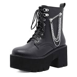 YORWOR Schwarze Plateau Kampfstiefel Damen Gothic Boots Runder Zeh Stiefel Reißverschluss Schnüren Schuhe 260 von YORWOR