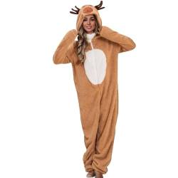 YOSUWOAI Weihnachten Schlafoveralls Herren Damen Kuschelig Elch Einteilig Onesie Lustig Tier Pyjama Bodysuit mit Reißverschluss Hallowee Christtag Party Kostüm Mall Rentier Overall von YOSUWOAI