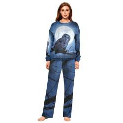 YOUJUNER Schlafanzug Damen Nachtmond-Eule Lang Fleece Pyjama Damen Langarm Pyjamaset Winter Nachtwäsche Zweiteiliger Hausanzug Sleepwear von YOUJUNER