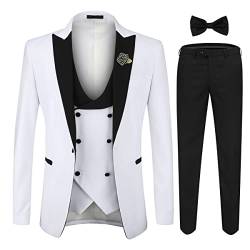 YOUTHUP Herren Anzug Slim Fit 3 Teiliger Herrenanzug Modern Smoking mit Fliege und Broschen für Hochzeit Abschlussball, Weiß, M von YOUTHUP