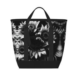 YQxwJL Isolierte Kühltasche mit Sonnenblumen-Aufdruck, großes Fassungsvermögen, Einkaufstasche, Reisetasche, Strand, wiederverwendbare Einkaufstasche für Erwachsene, Schwarz und Weiß, Schwarz, von YQxwJL