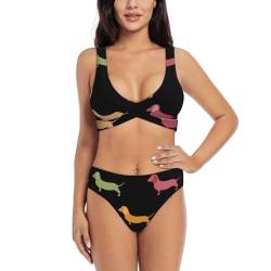 Zweiteiliger Badeanzug mit süßem Dackel-Aufdruck, hohe Taille, Damen-Badeanzug mit Bauchkontrolle, Bikini für Damen, Schwarz , S von YQxwJL