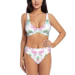 Zweiteiliger Badeanzug mit tropischem Flamingo, niedlicher Kaktus-Druck, hohe Taille, Damen-Badeanzug mit Bauchkontrolle, Bikini für Damen, Schwarz , M von YQxwJL