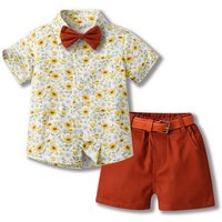 YRIIOMO Shirt & Hose Kleiner Junge Sommerhemd Fliege Kurzarm Cardigan Shorts Zwei-teiliges Set mit Gürtel von YRIIOMO