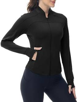 YSENTO Damen Sportjacke Laufjacke Funktionsjacke Wanderjacke Leicht Langarm Yoga Gym Sport Oberteil Atmungsaktive mit Daumenloch(Schwarz,XXL) von YSENTO