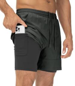 YSENTO Herren 2 in 1 Sports Shorts Kurze Sporthose Laufhose Schnelltrocknend Trainingsshorts Badeshorts Boardshorts(Dunkelgrau,3XL) von YSENTO