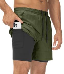 YSENTO Herren 2 in 1 Sports Shorts Kurze Sporthose Laufhose Schnelltrocknend Trainingsshorts Badeshorts Boardshorts(Grün,L) von YSENTO