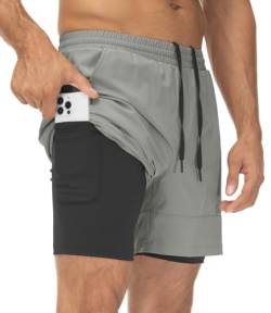 YSENTO Herren 2 in 1 Sports Shorts Kurze Sporthose Laufhose Schnelltrocknend Trainingsshorts Badeshorts Boardshorts(Hellgrau,M) von YSENTO