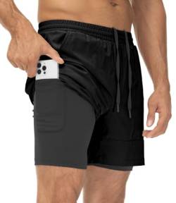 YSENTO Herren 2 in 1 Sports Shorts Kurze Sporthose Laufhose Schnelltrocknend Trainingsshorts Badeshorts Boardshorts(Schwarz,L) von YSENTO