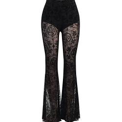 Damenhose, Glockenunterteil, Spitze, ausgestellte Leggings, einfarbig, plissiert, hohe Taille, durchsichtiges Netzgewebe, Gothic, Punk, Hippie, Aushöhlen, Schwarz , L von YUDATPG