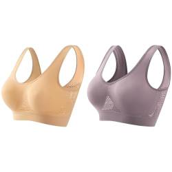 2PC BH Damen ohne Bügel Push Up Seamless Atmungsaktiv Bralette Bustier V-Ausschnitt BH Bra Große Größen Weich Joggen BH Fitness Sport-BH Sexy Hohl Perspektive Stoßfeste (Beige+Dark Gray, XXXL) von YUGHGH