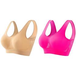 2PC BH Damen ohne Bügel Push Up Seamless Atmungsaktiv Bralette Bustier V-Ausschnitt BH Bra Große Größen Weich Joggen BH Fitness Sport-BH Sexy Hohl Perspektive Stoßfeste (Hot Pink+Beige, XXXXXL) von YUGHGH