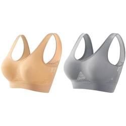 2PC BH Damen ohne Bügel Push Up Seamless Atmungsaktiv Bralette Bustier V-Ausschnitt BH Bra Große Größen Weich Joggen BH Fitness Sport-BH Sexy Hohl Perspektive Stoßfeste Unterwäsche (Grey+Beige, XXL) von YUGHGH