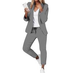 YUHYtop Damen Anzug Elegant 2 teilig Business Anzug Set Hosenanzug BlazerHose Zweiteiler Damen Elegant Festlich Hosenanzug Damen Sportlich Slimfit Streetwear Hosenanzug Frauen Anzug (D-Grey, L) von YUHYtop