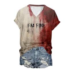 I'm Fine Blood Bedrucktes Halloween T Shirt Problem Solved Kurzarm V-Ausschnitt Halloween Shirt mit Blutigem Drucken Shirts Blutige Wunde Halloween-Kostüm Horror Leicht T-Shirt Bluse Oberteil von YULONGESS