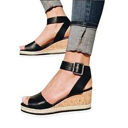 YULONGESS Damen Quadratische offene Zehenpartie Sandalen Sommer Elegant Plateau Sandaletten Mode Sexy Pantoletten Sommer Sandaletten Schnalle Einstellbar Bequeme Kork Fußbett absatzschuhe Beiläufige von YULONGESS