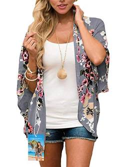 YULOONG Damenmode Bademode Vertuschung Chiffon Blumendruck Kimono Lose Schal Strickjacke Sommer Bluse Bademode Capes, Dunkelgrau, 3XL von YULOONG