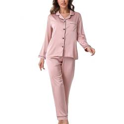 YUSHOW Satin Damen Schlafanzug Lang Pyjama mit Knopfleiste Zweiteiliger Langarm Hose und Tops Weich Nachtwäsche Hausanzug Pjs Set von YUSHOW