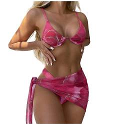 YWLINK Bikini Mit Rock Damen Set 3 Teilig Bikini Sets Sexy Neckholder Bikini Oberteil Bikini Bunt Batik mit hoher Taille Bikini Set und Cover Up 3 Teilig Triangel Bikini Set（Rosa，XL） von YWLINK