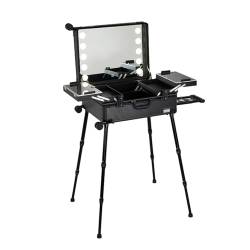 Extra großer Aluminium-Trolley, Make-up-Zugkoffer mit integrierten LED-Leuchten, professioneller Kosmetik-Organizer, Studio mit Ständer, rollendes (Black Plaid 58X45X23cm) von YXFAZPP