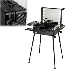 Extra großer Aluminium-Trolley für Make-up-Zug mit integrierten LED-Leuchten, professioneller Kosmetik-Organizer für Studio mit rollbarem (Black Plaid 52x40x22.5cm) von YXFAZPP