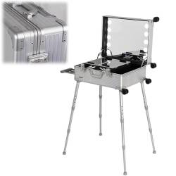 Extra großer Aluminium-Trolley für Make-up-Zug mit integrierten LED-Leuchten, professioneller Kosmetik-Organizer für Studio mit rollbarem (Silver Stripe 58X45X23cm) von YXFAZPP