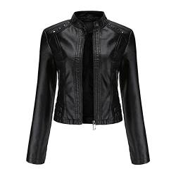 YYNUDA Damen Lederjacke Kurz Bikerjacke Stehkragen Reißverschluss Leder Jacke Übergangsjacke für Herbst Frühling（Schwarz XXL） von YYNUDA