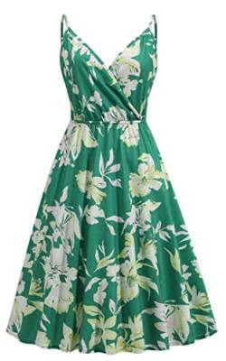 Yageshark 2023 Damen Grüne Blumen Sommerkleider mit Taschen V-Ausschnitt Spaghettibügel Sommer Freizeitkleid S von Yageshark
