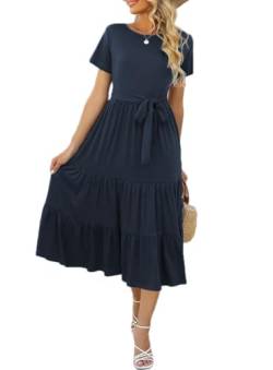 Yageshark Sommerkleid Damen Kurzarm Knielang Freizeitkleid Elegant Rundhals Shirtkleider Gestuftes Rüschen A-Linie Midikleider (Marine,M) von Yageshark