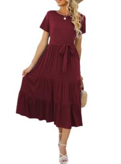 Yageshark Sommerkleid Damen Kurzarm Knielang Freizeitkleid Elegant Rundhals Shirtkleider Gestuftes Rüschen A-Linie Midikleider (Wein,S) von Yageshark