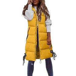 Damen Lang Weste Steppweste Daunenweste Übergangsweste Warmer Daunenmantel Hooded Frauen Softshelljacke Mit Leicht Ärmellos Jacke mit Reissverschluss Taschen Wintermantel Winterjacke (Yellow, XXL) von Yamjisen