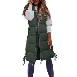 Damen Lang Weste Steppweste Winter Übergangsweste Warmer Daunenmantel Hooded Frauen Softshelljacke Mit Leicht Ärmellos Jacke mit Reissverschluss Taschen Wintermantel Winterjacke (Green, L) von Yamjisen