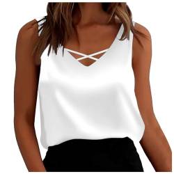 Damen Weste V-Ausschnitt lässig Halfter ärmelloses Camisole Shirt Sommer Basic Weste Shirt Satin Tank Top Damen Elegant Blusentop Basic T Shirt Trägertop Oberteil Rundhals Satinbluse (White, L) von Yamjisen