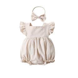 Yanmucy Baby Mädchen Baumwolle Strampler Neugeborenes Kleinkind Ruffle ärmellos rückenfrei Bodysuit mit Stirnband Sommer Baby Overall Outfits 0-18 Monate (Beige, 6-12 Monate) von Yanmucy