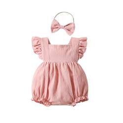 Yanmucy Baby Mädchen Baumwolle Strampler Neugeborenes Kleinkind Ruffle ärmellos rückenfrei Bodysuit mit Stirnband Sommer Baby Overall Outfits 0-18 Monate (Rosa, 12-18 Monate) von Yanmucy