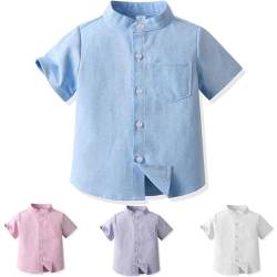 Yanmucy Jungen Baby Kurzarm Top Stand Kragen Button Down Hemd Sommer Kleine große Jungen Freizeithemden für 2-8 Jahre (DE/NL/SE/PL, Alter, 3 Jahre, 4 Jahre, Regular, Blau) von Yanmucy