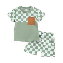 Yassiglia Baby Jungen Kleidung Set Sommer Zweiteiler Outfit Farbe Patchwork Kurzarm Shirt + Shorts Kleinkind Bekleidungssets Neugeborene Babykleidung (Grün, 18-24 Months) von Yassiglia