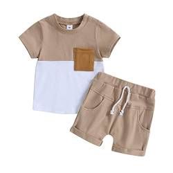 Yassiglia Baby Jungen Kleidung Set Sommer Zweiteiler Outfit Farbe Patchwork Kurzarm Shirt + Shorts Kleinkind Bekleidungssets Neugeborene Babykleidung (Khaki+Weiß, 2-3 Years) von Yassiglia