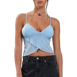 Yassiglia Damen Ästhetisch Patchwork Crop Tops Sommer Tank Top Ärmellose Rückenfreie Camisole Y2K Harajuku Camis Sexy, Elegant, Low Cut, Slim Fit (Hell Blau, S) von Yassiglia