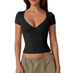 Yassiglia Damen Basic T-Shirt Y2K Crop Top Slim Fit Unterziehshirt Sommer Leichte Oberteile Sweetheart Ausschnitt Kurzarm Shirts (Schwarz, L) von Yassiglia