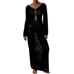 Yassiglia Damen Langes Strickkleid Sexy Bodycon Maxikleid Herbst Langarm Kleid Y2K Rückenfrei Häkelkleid Elegant Gestrickt Strandkleid Bikini Cover Up (Schwarz, M) von Yassiglia