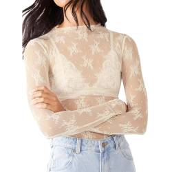 Yassiglia Damen Mesh Oberteil Floral Layering Spitzentop Elegant Netzoberteil Y2K Durchsichtige Crop Tops Sexy Transparente Bluse Streetwear (Weiß, L) von Yassiglia