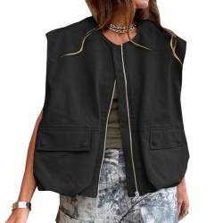 Yassiglia Damen Oversized Cargo Weste Leichte Sommerweste Sommer Ärmellos Zip Up Jacke Casual Lässige Westen Streetwear (Schwarz, l) von Yassiglia