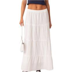 Yassiglia Damen Sommer Langer Rock Elegant Niedrige Taille Maxirock Flowy Swing Rock Casual Sommer Lange Röcke (Weiß, S) von Yassiglia