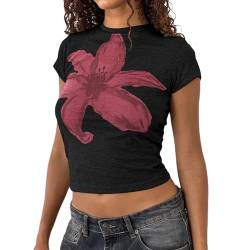 Yassiglia Damen Sommer T-Shirt Kurzarm Crop Top Elegant Blumen Druck Tunika Oberteile Y2K Baby Tees Basic Slim Fit Tops Summer Aesthetic Clothes (Schwarz, M) von Yassiglia