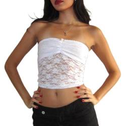 Yassiglia Sexy Lace Tube Top Sommer Elegant Bandeau Top Y2K Ärmellose Schulterfrei Crop Top Trägerlose Spitzen Patchwork Oberteile (Weiß, M) von Yassiglia