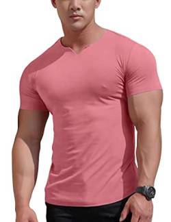 Herren Mesh Athletic T-Shirts mit geteiltem V-Ausschnitt für Fitnesstraining Bodybuilding Color Rosa Size XL von Ychnaim