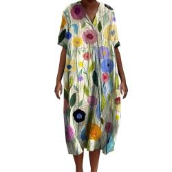 Ydsxlp Sommerkleid Damen Oversize Leinen Kleider Sommer Vintage Blumen Print Strandkleid Casual Locker Blusenkleid Damen V-Ausschnitt Kurzarm Freizeitkleider A-Linie Kleid Maxikleid(A Gelb,L) von Ydsxlp